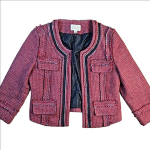 Hinge Wool Blend Red & Grey Tweed Open Front Raw Edge Zipper Detail Jack…